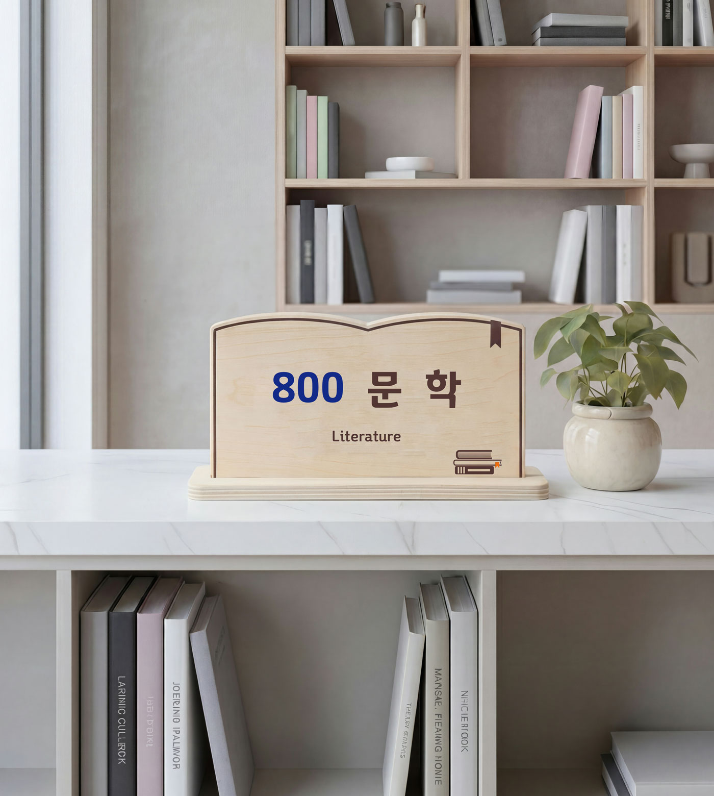 도서관 사인물 메인 이미지 — Library Guide 스탠드형 대분류 표지 우드 제품 컷