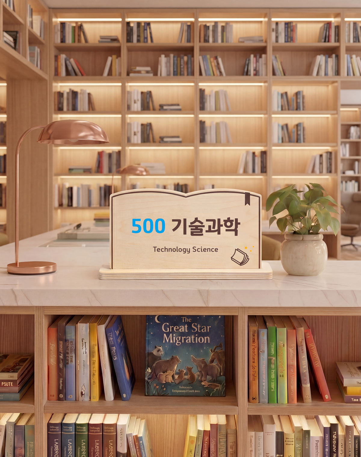 도서관 분류 표지 제품 컷 5 — 500 기술과학(Technology Science) 우드 사인, 대리석 카운터·로즈골드 스탠드·화분과 서가 간접조명 배경