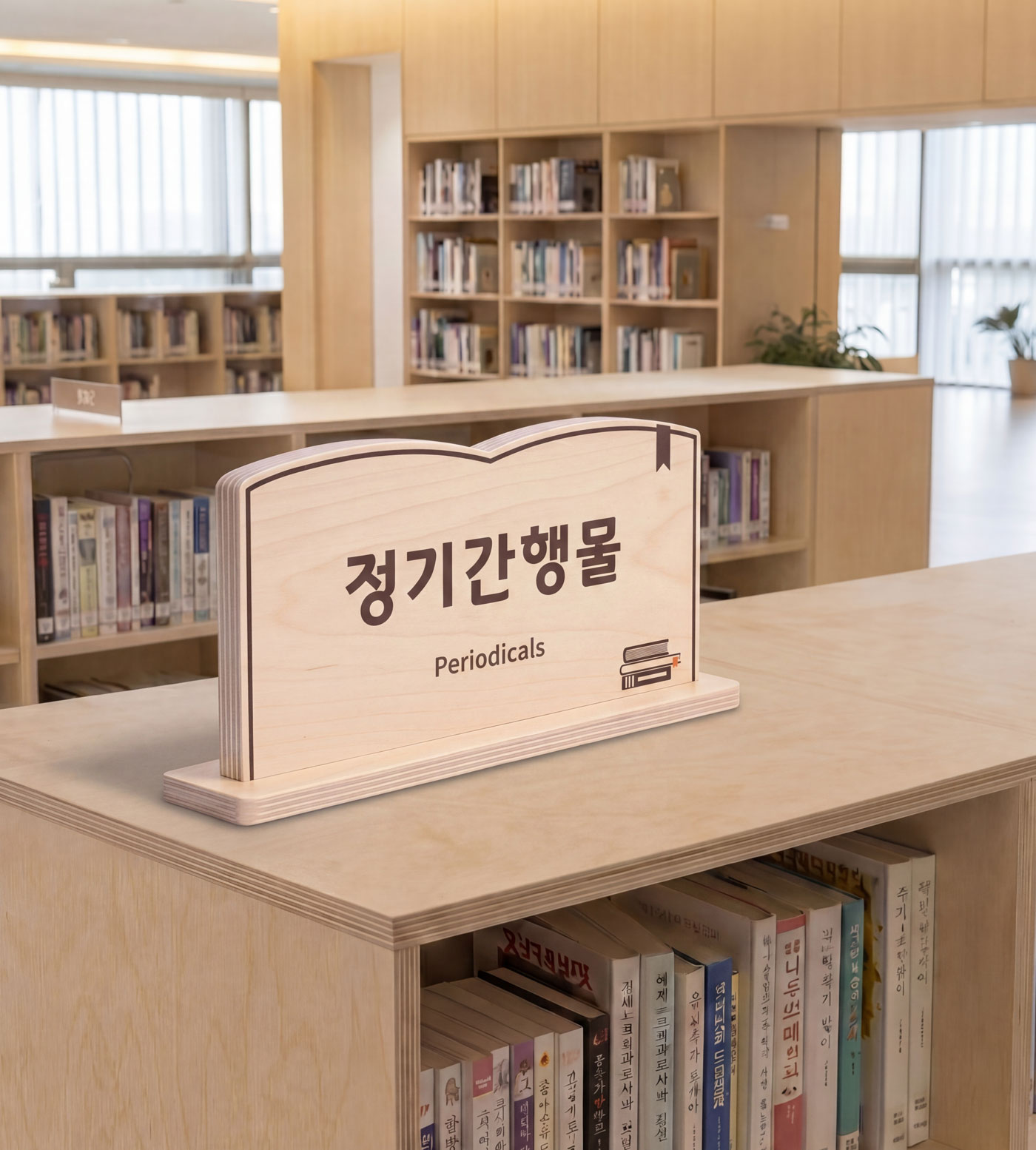E0등급 방염 자작나무 포인트 — 정기간행물(Periodicals) 우드 사인, 도서관 서가 연출 컷