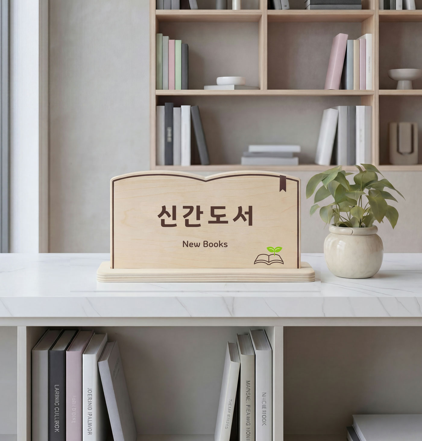 책 모양 스탠드 안내표시판 Type-A 메인 컷 — 신간도서(New Books) 자작나무 우드 사인, 도서관·서가 연출
