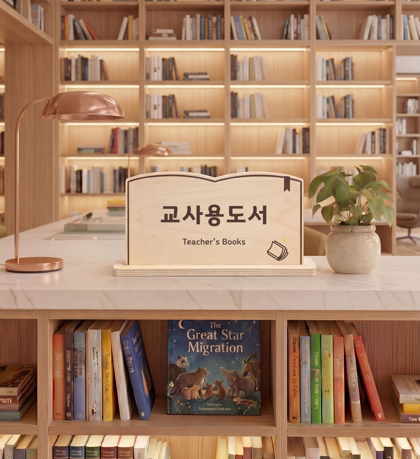 제품 컷 1 — 교사용도서(Teacher's Books) 책형 우드 안내표시판, 도서관 서가·대리석 카운터 연출