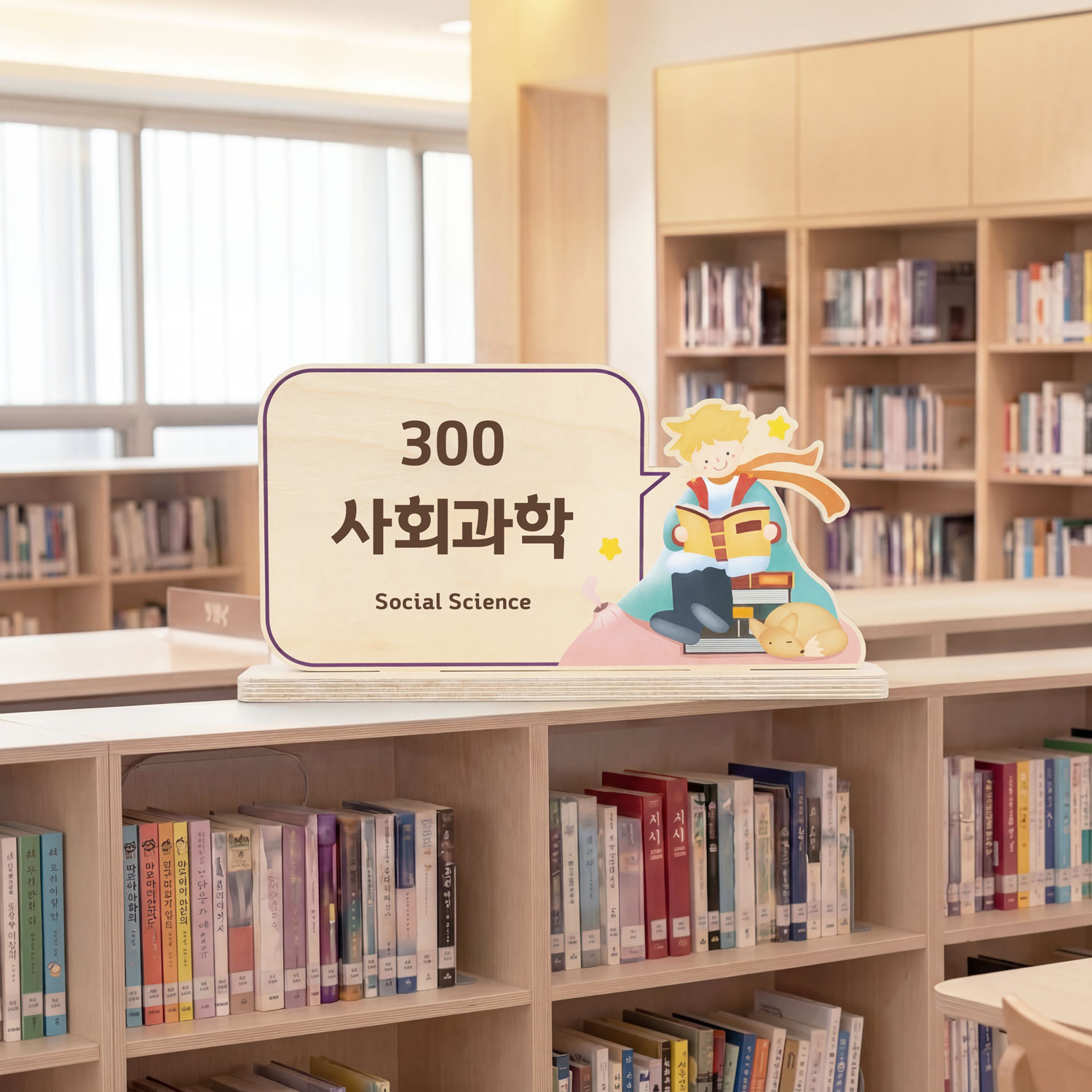 일러스트 스탠드 대분류표시판 메인 컷 — 도서관 우드 안내 사인 제품 전면