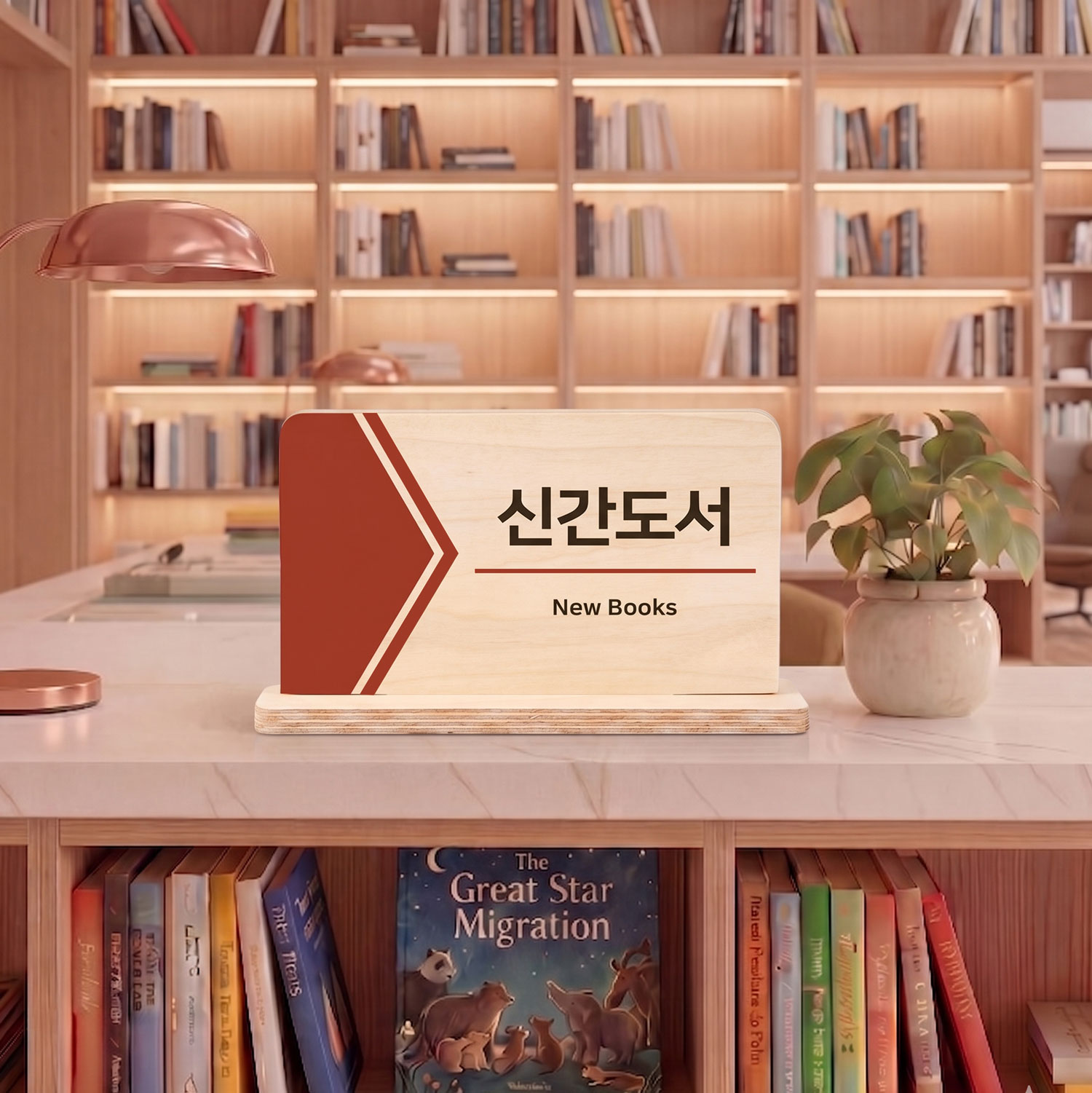 사용 예시 4 — 신간도서(New Books) 안내 사인, 대리석 카운터·서가 조명 연출