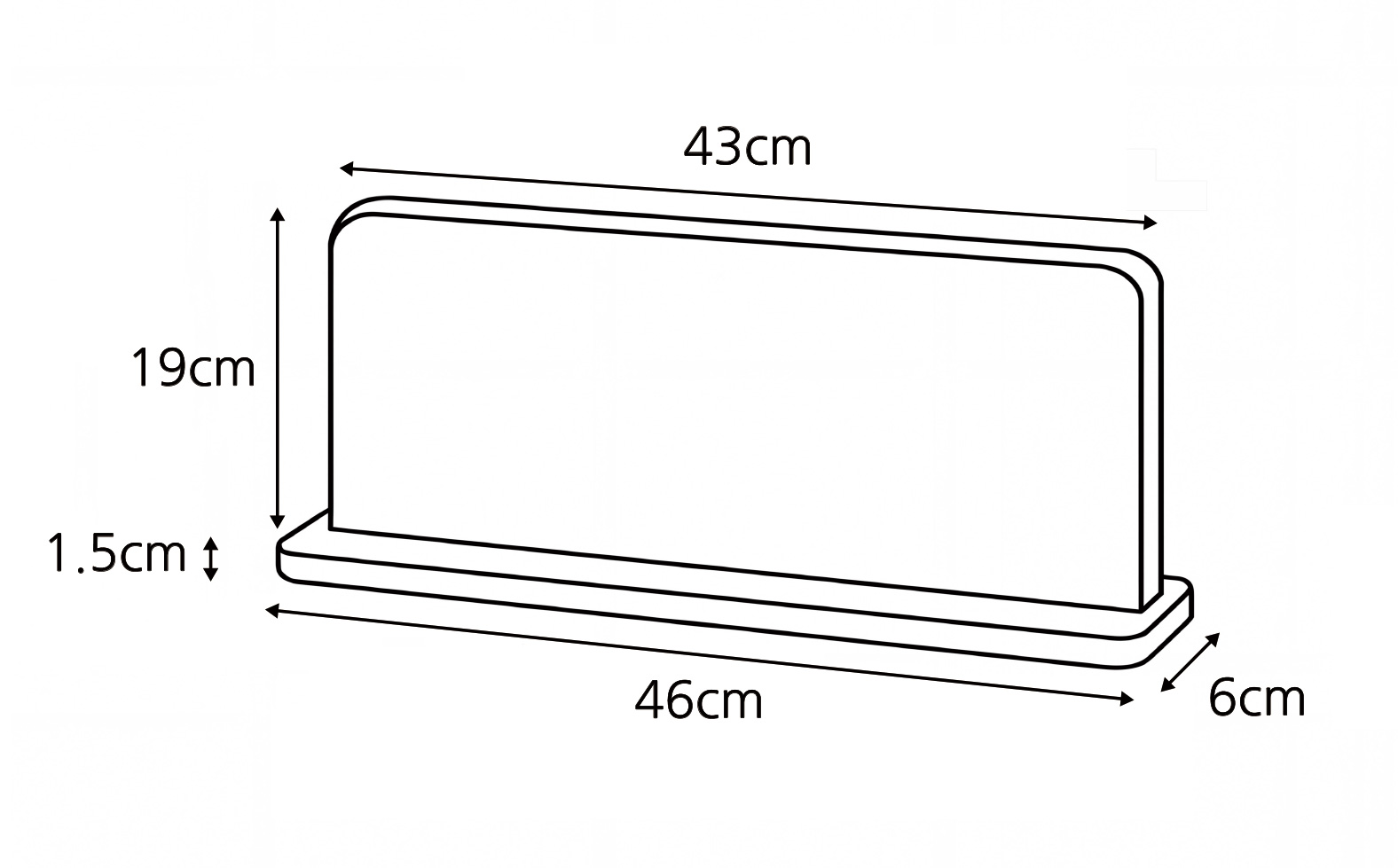 감성 스탠드 대출반납일력표 치수도 — 안내판 가로 43cm, 받침대 가로 46cm·두께 1.5cm·깊이 6cm