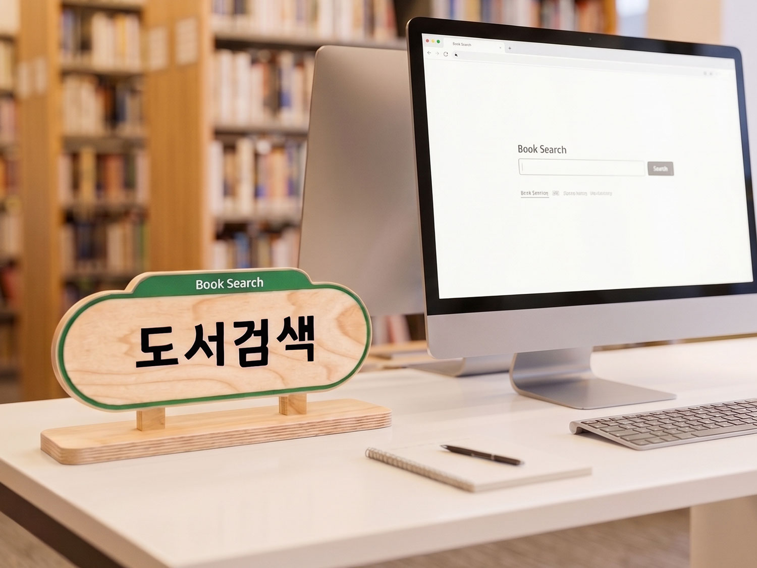 사용 예시 3 — 도서검색(Book Search) 안내 사인, 도서관 검색대·PC 연출