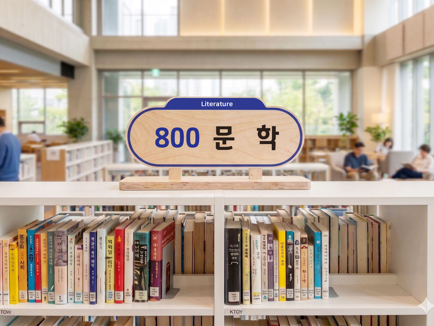800 문학(Literature) 라운드 스탠드 대분류표시판 — 도서관 서가 위 연출 컷