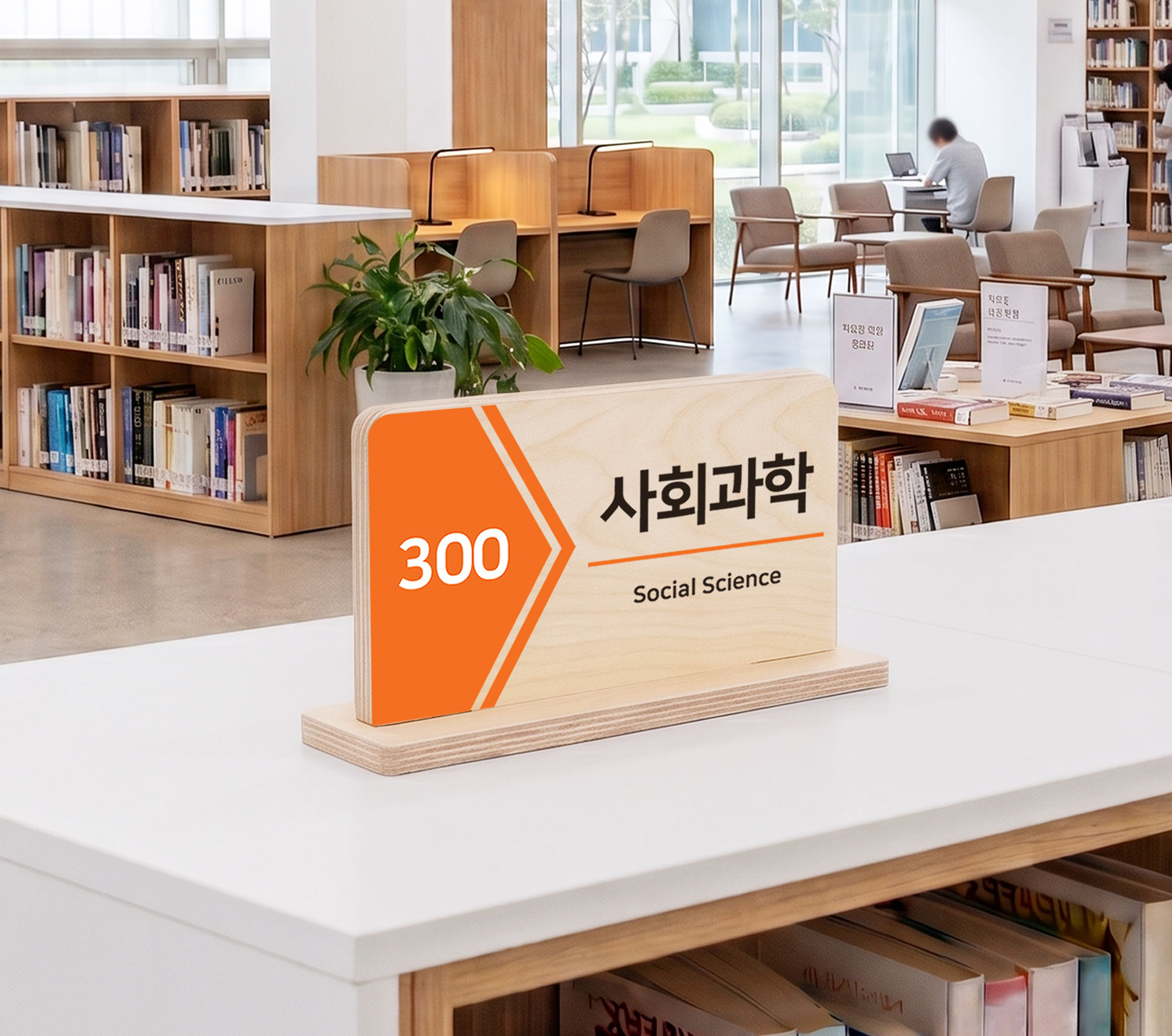 E0등급 방염 자작나무 — 사회과학(300) 대분류표시판, 도서관 열람실 연출 컷