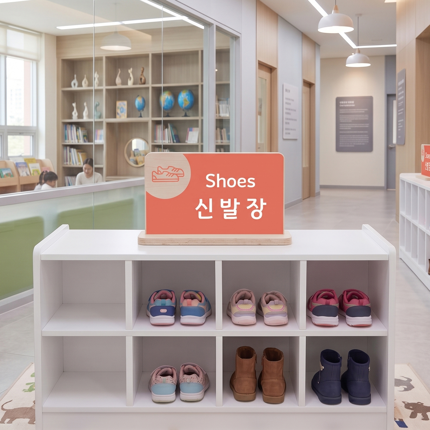 사용 예시 4 — 신발장 보관 안내 스탠드, 유치원·학교 신발장 연출