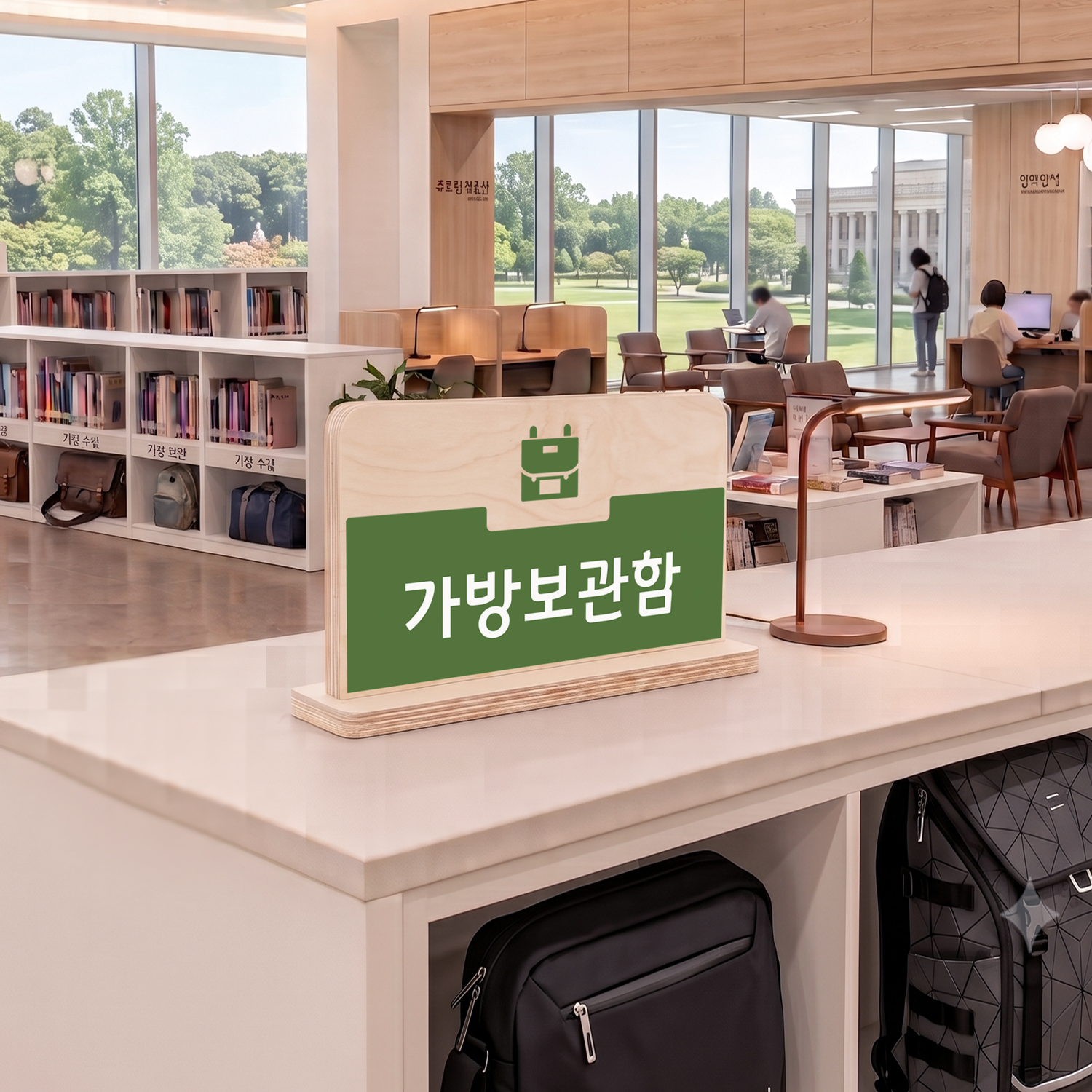 사용 예시 3 — 도서 반납함·반납대 안내 스탠드, 도서관 열람실 연출