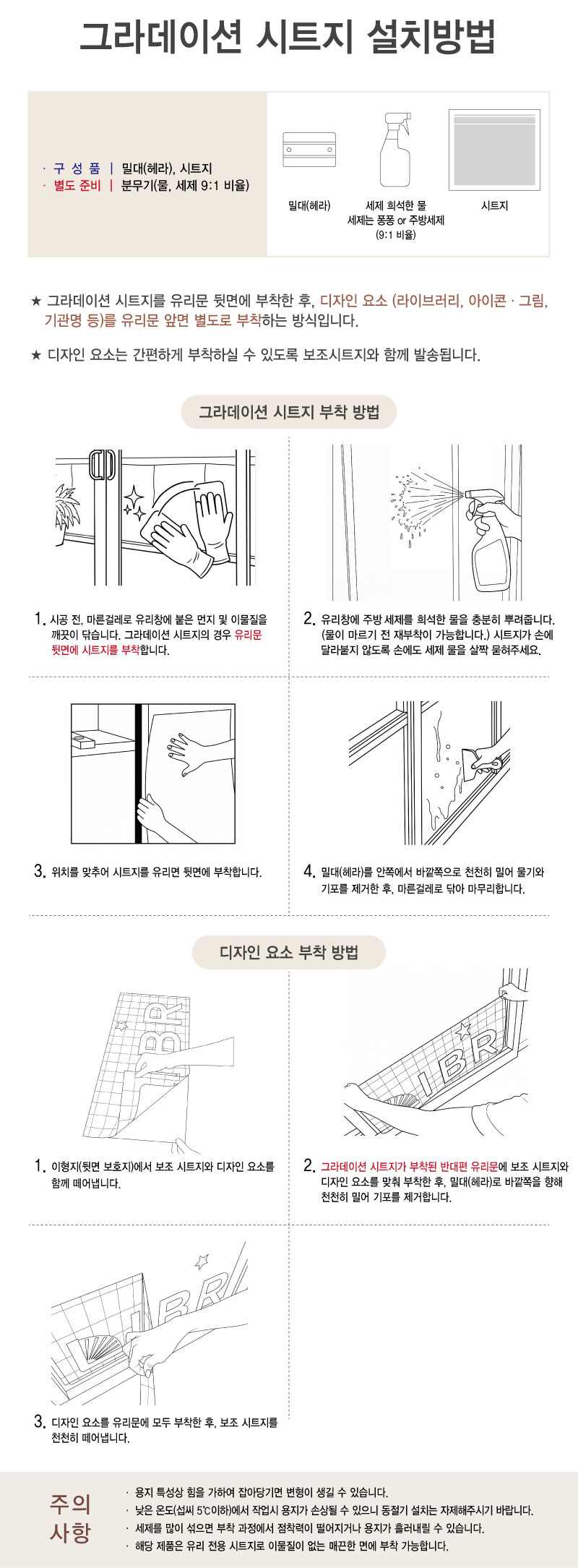 그라데이션 시트지 설치방법 — 구성품과 별도 준비물, 그라데이션 시트지 부착 방법 4단계, 디자인 요소 부착 방법 3단계, 주의 사항