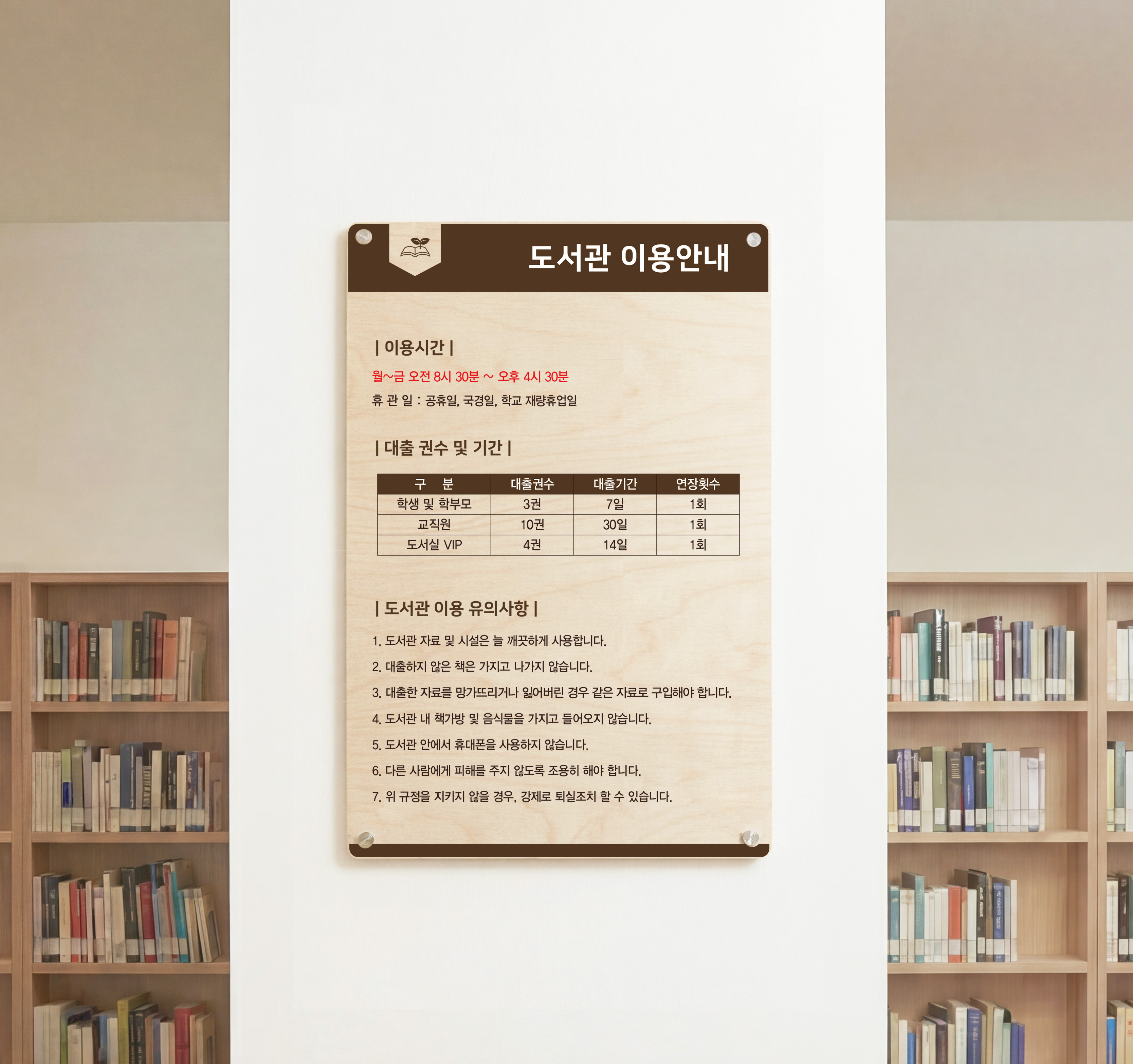 정품 잉크 UV 평판 인쇄 포인트 — 서가 옆에 설치한 선명한 컬러의 도서관 이용안내표