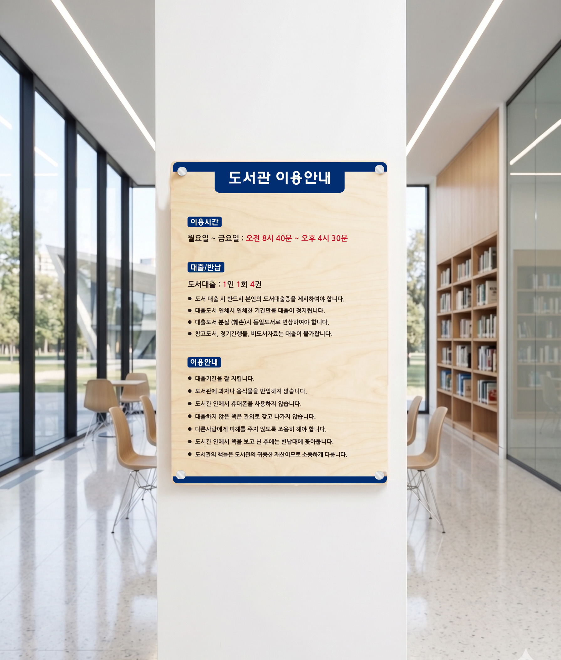 방염 자작나무 포인트 — 벽면에 설치한 자연스러운 나뭇결의 도서관 이용안내표