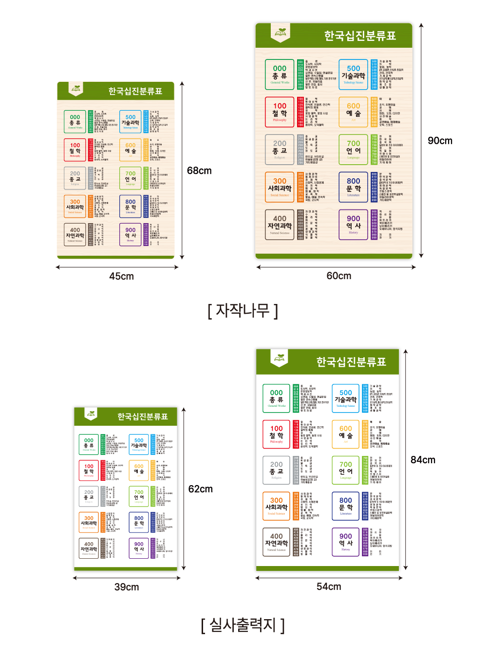 심플(C) 십진분류표 사이즈 안내 — 재질별 소·대 규격 비교 이미지