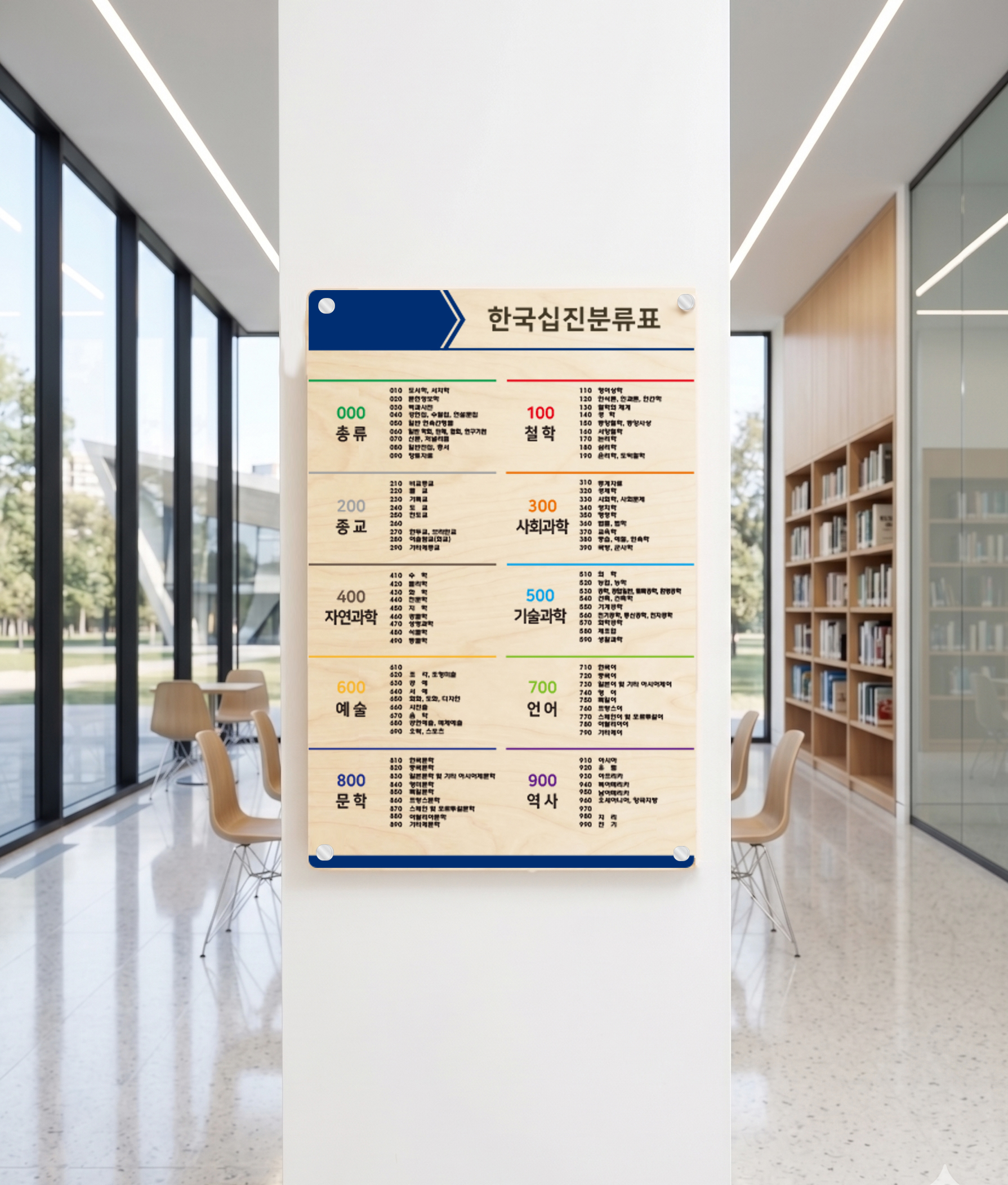 방염 자작나무 포인트 — 벽면에 설치한 자연스러운 나뭇결의 도서관 십진분류표