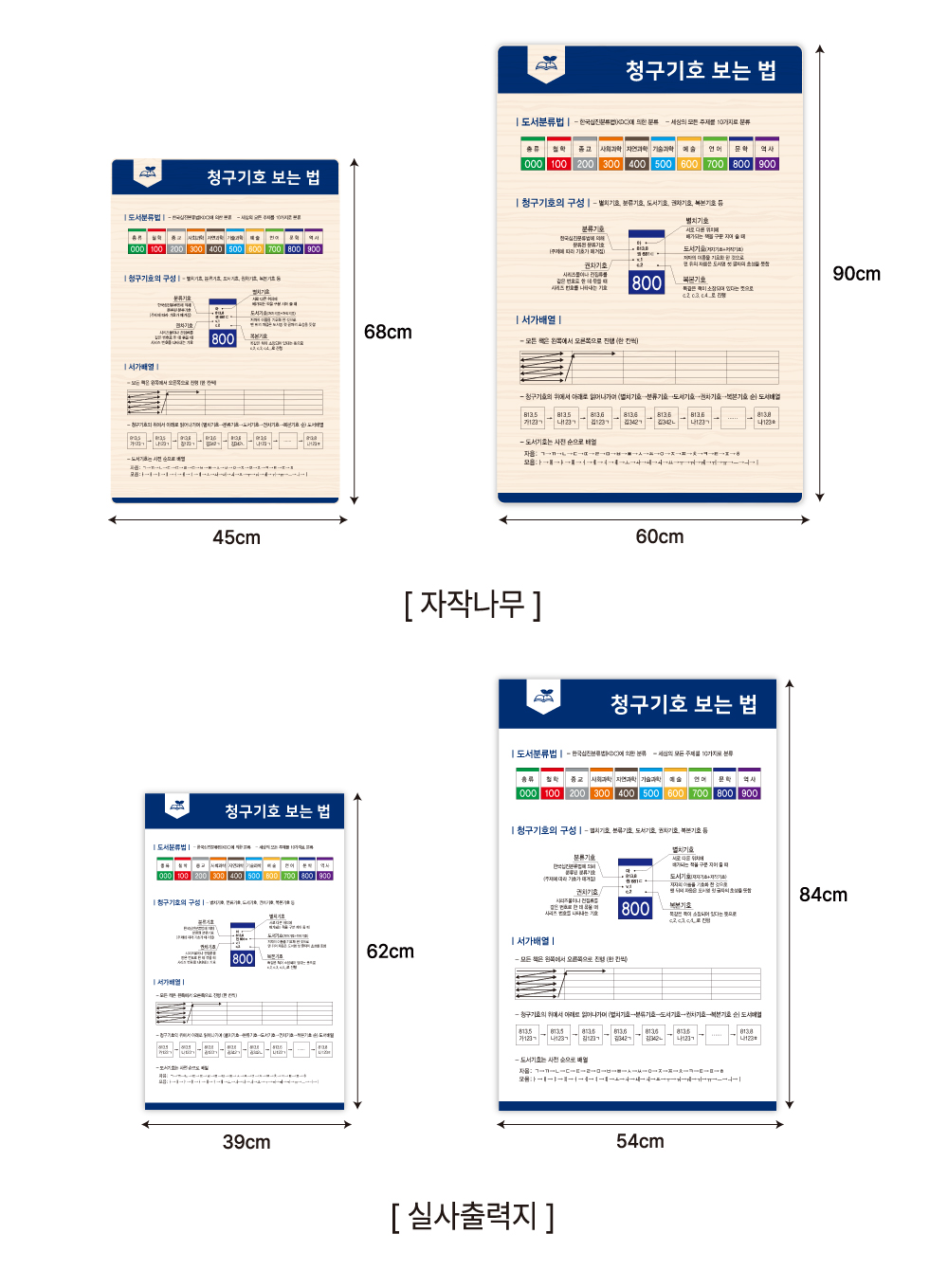 심플(C) 청구기호 보는 법 사이즈 안내 — 재질별 소·대 규격 비교 이미지